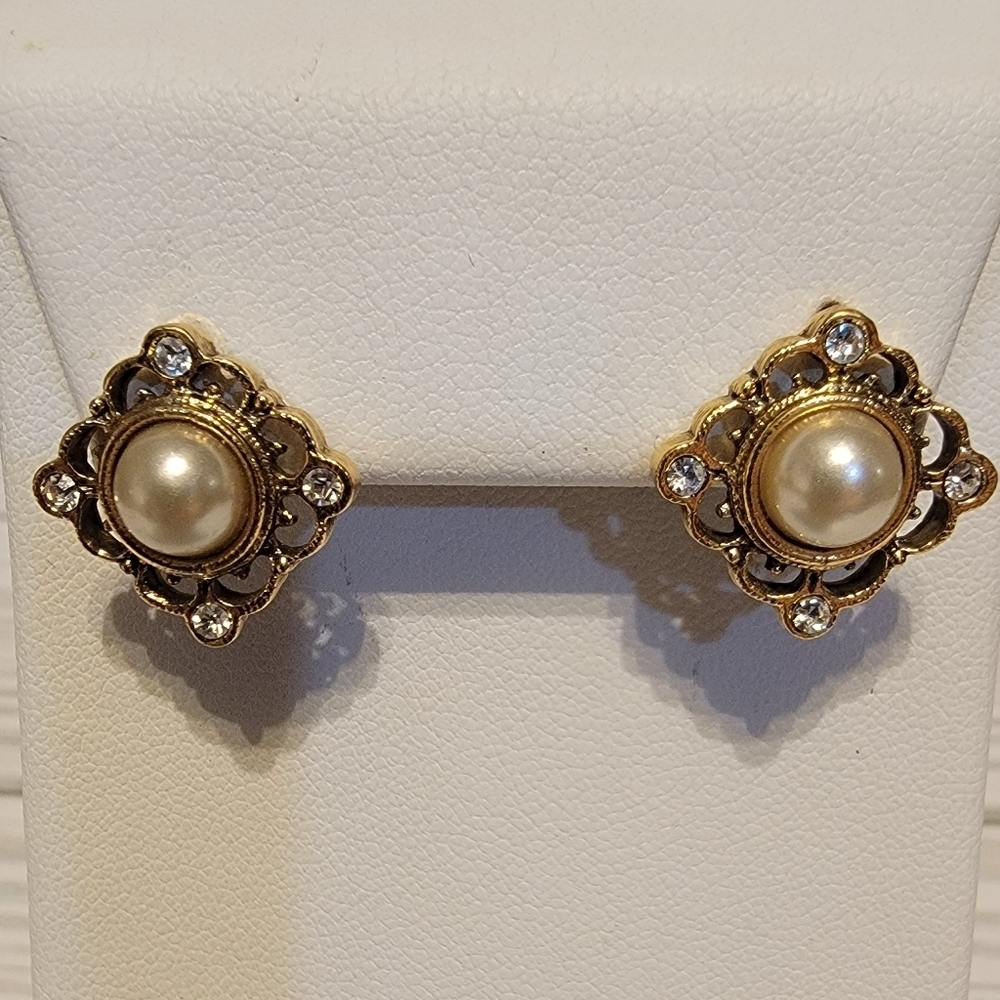 Vintage Faux Pearl Rhinestone Gold Tone Filigree Pierced Button Earrings
